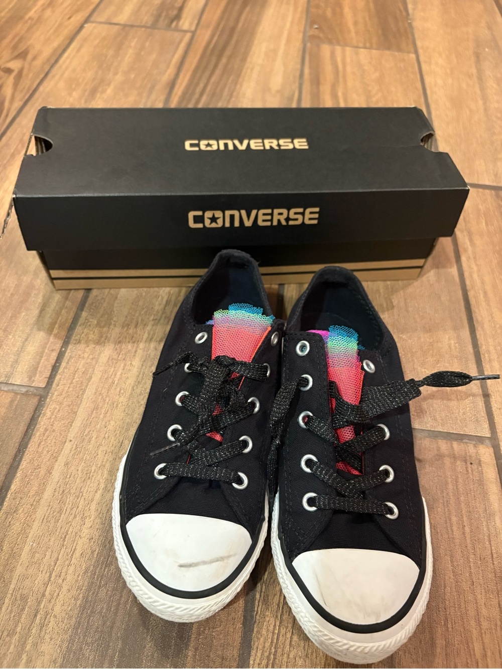 Converse Kids Black Canvas Low Top Sneakers with Multicolor Tongue